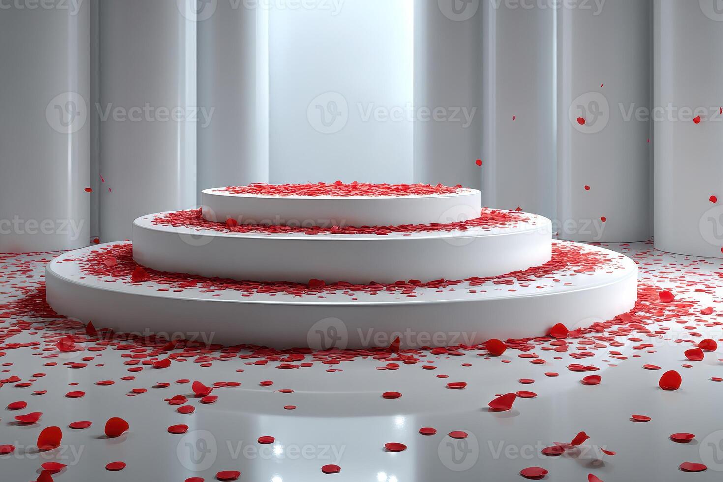 Elegant circular platform adorned with red rose petals in a minimalist setting for a romantic event in soft lighting photo