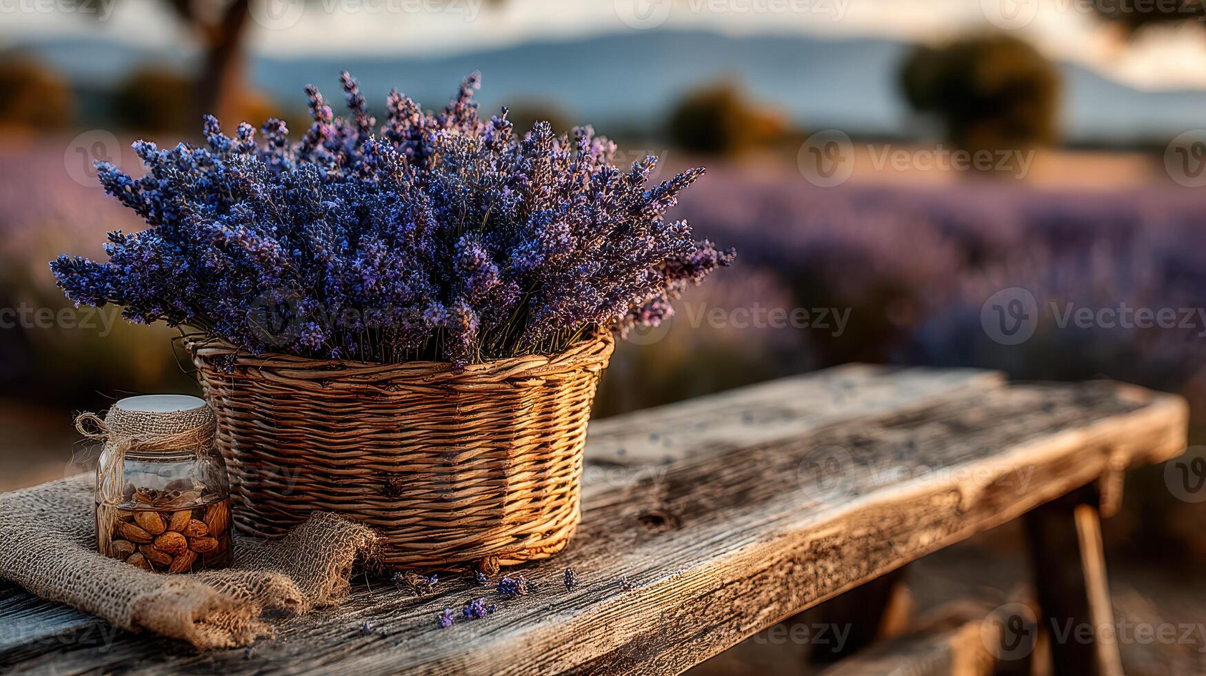 Lavender bouquet in wicker basket on rustic table surrounded by blooming lavender fields at sunset photo