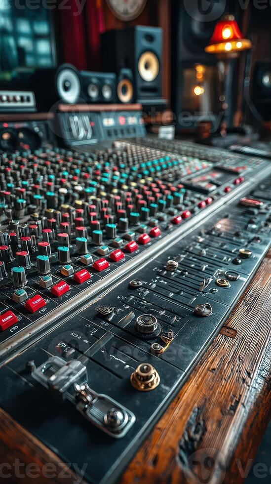 Vintage recording studio equipment showing detailed sound mixing console during a late afternoon session photo