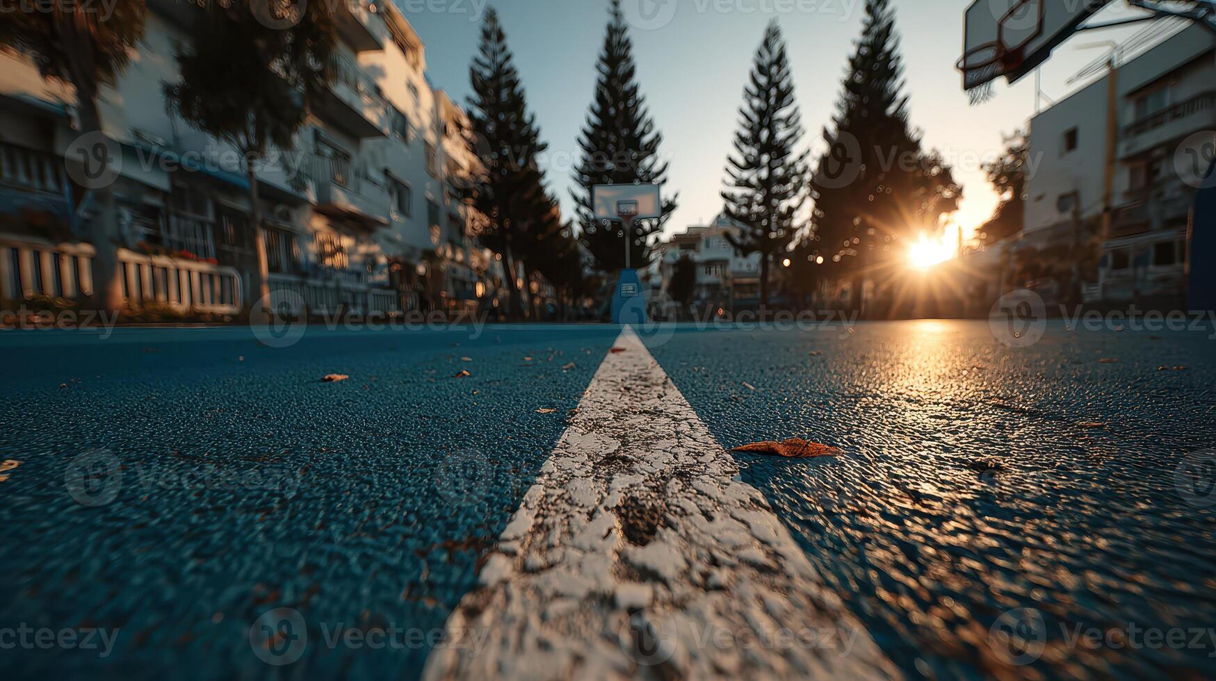 Evening basketball court with sun setting behind pine trees in an urban setting photo