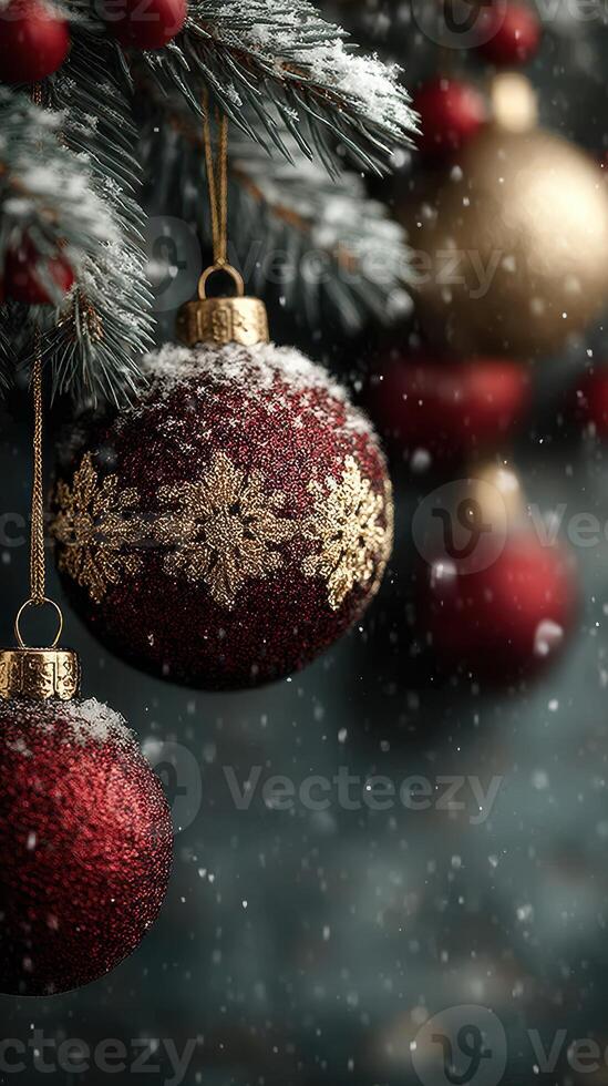 Christmas ornaments hang delicately from pine branches during a snowy winter scene photo