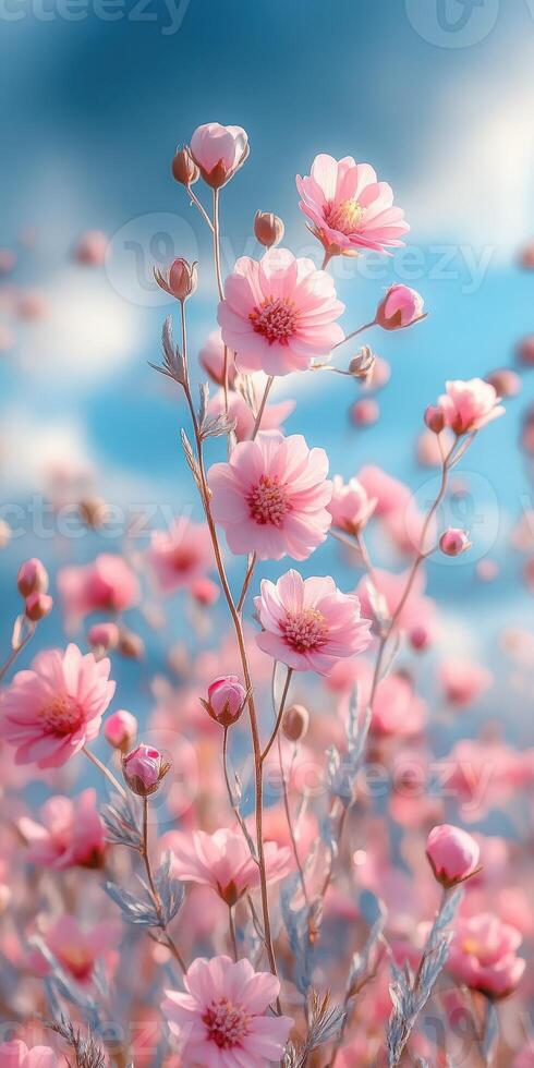 Pink flowers blooming in a sunny meadow with a vibrant blue sky photo