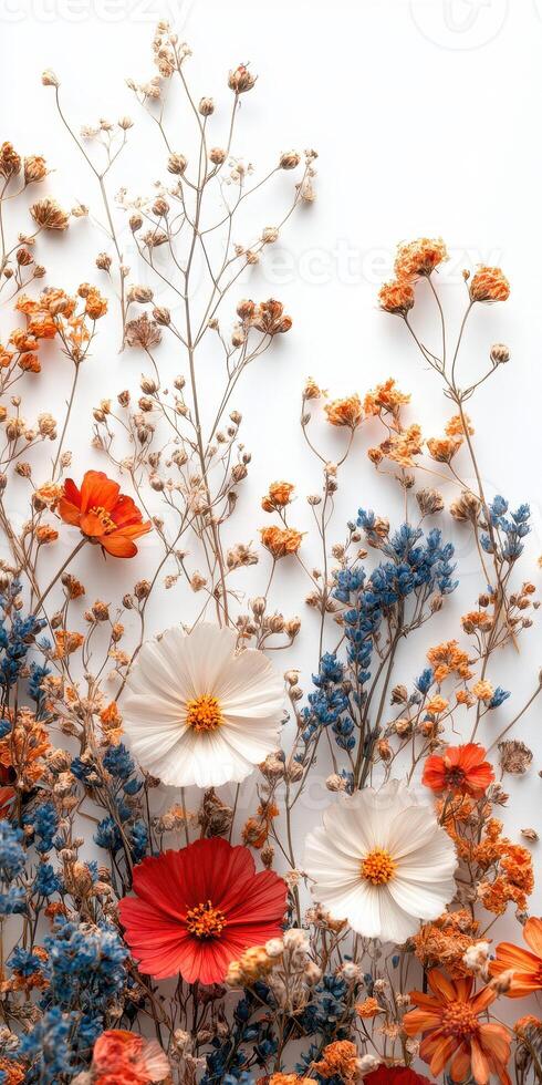 Colorful dried flowers arranged artistically on a neutral background showcasing a blend of textures and hues photo
