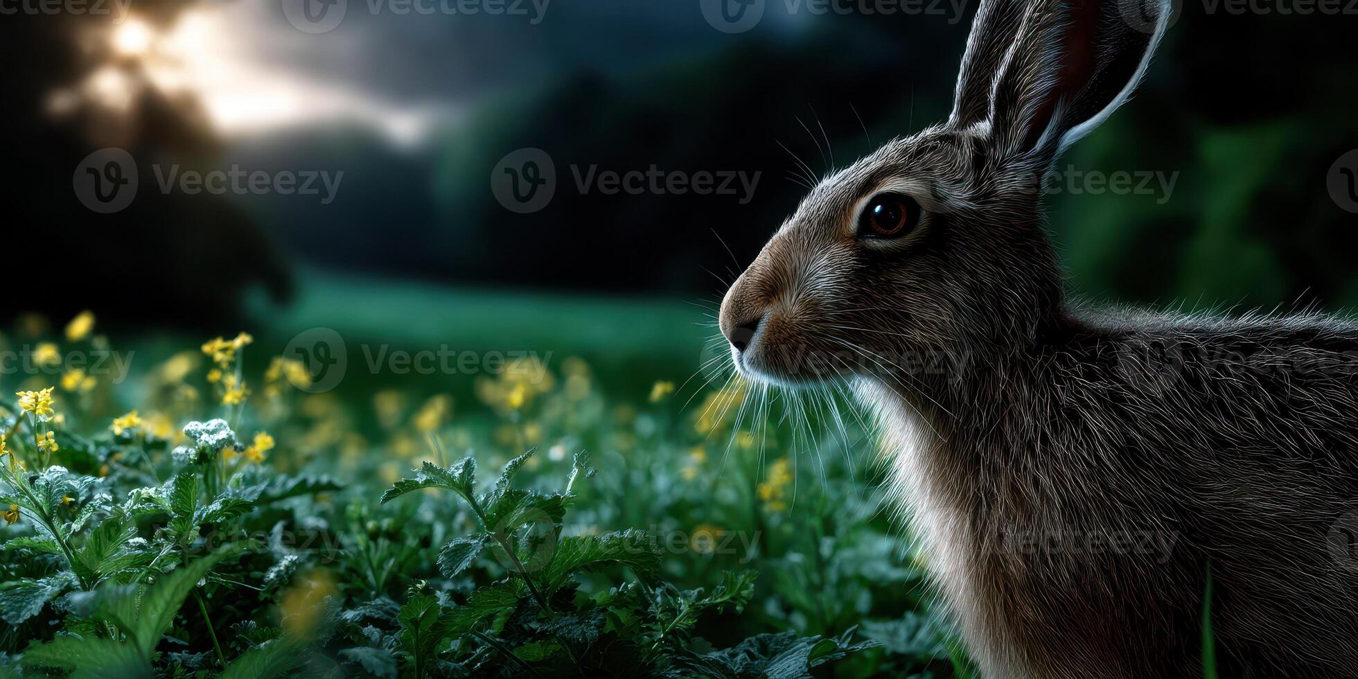 Wildlife exploration in a serene meadow featuring a rabbit during twilight photo