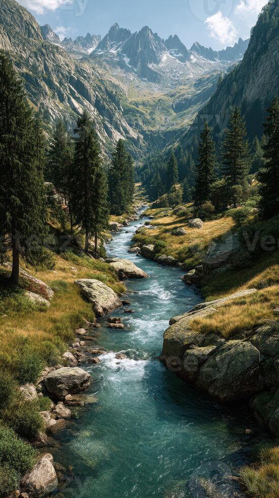 Majestic mountain landscape with a flowing river and towering peaks under a bright sky photo