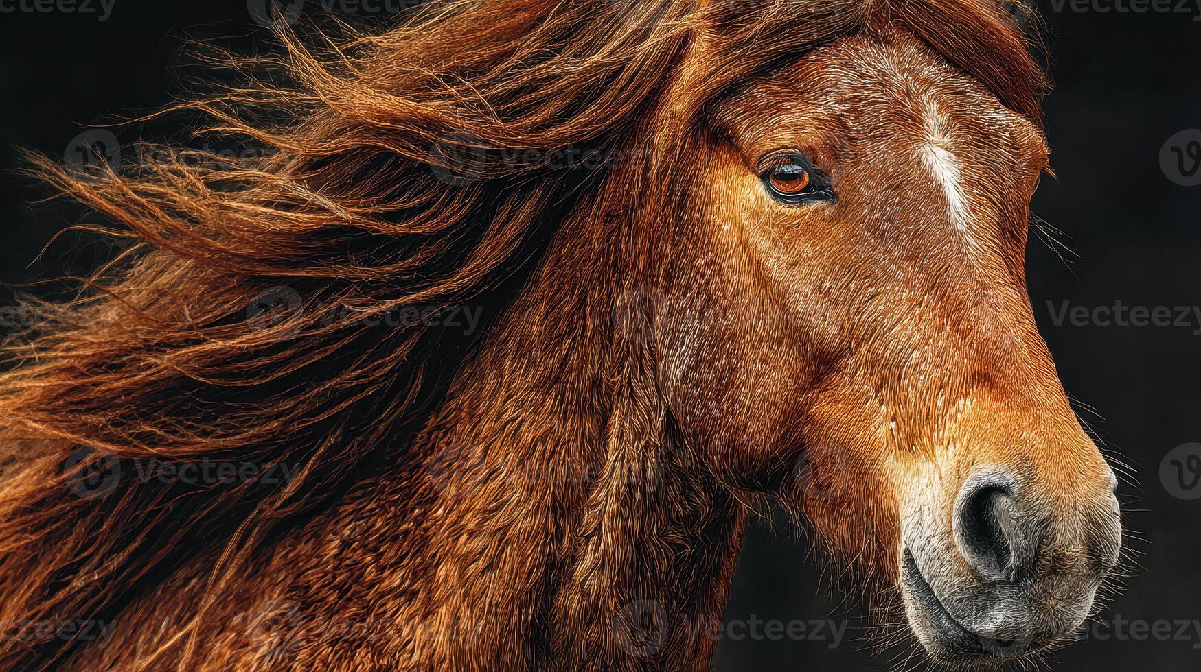 Majestic horse with flowing mane standing confidently in natural light against a dark background photo