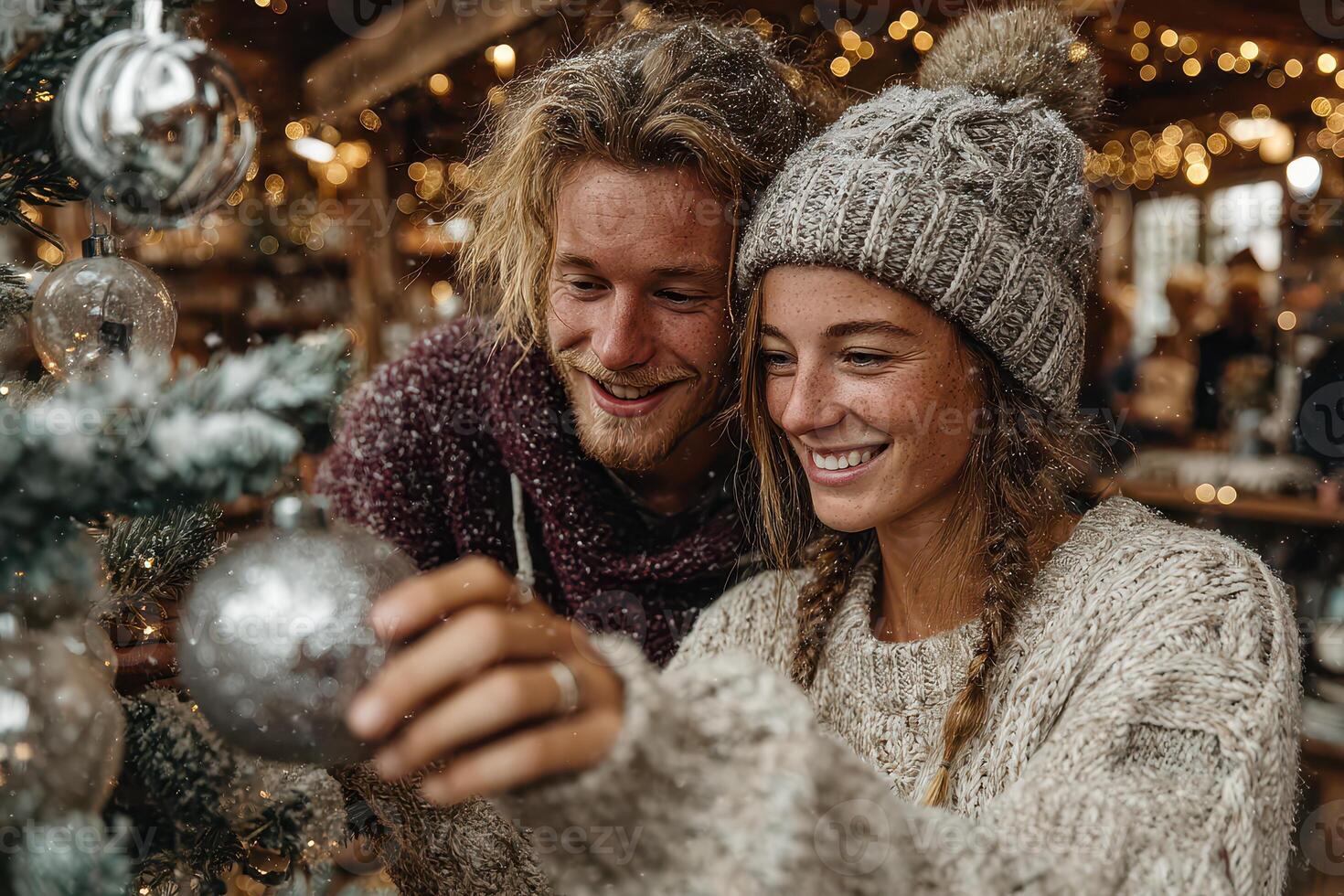 Couple decorates Christmas tree with ornaments in a cozy cabin during winter evening photo