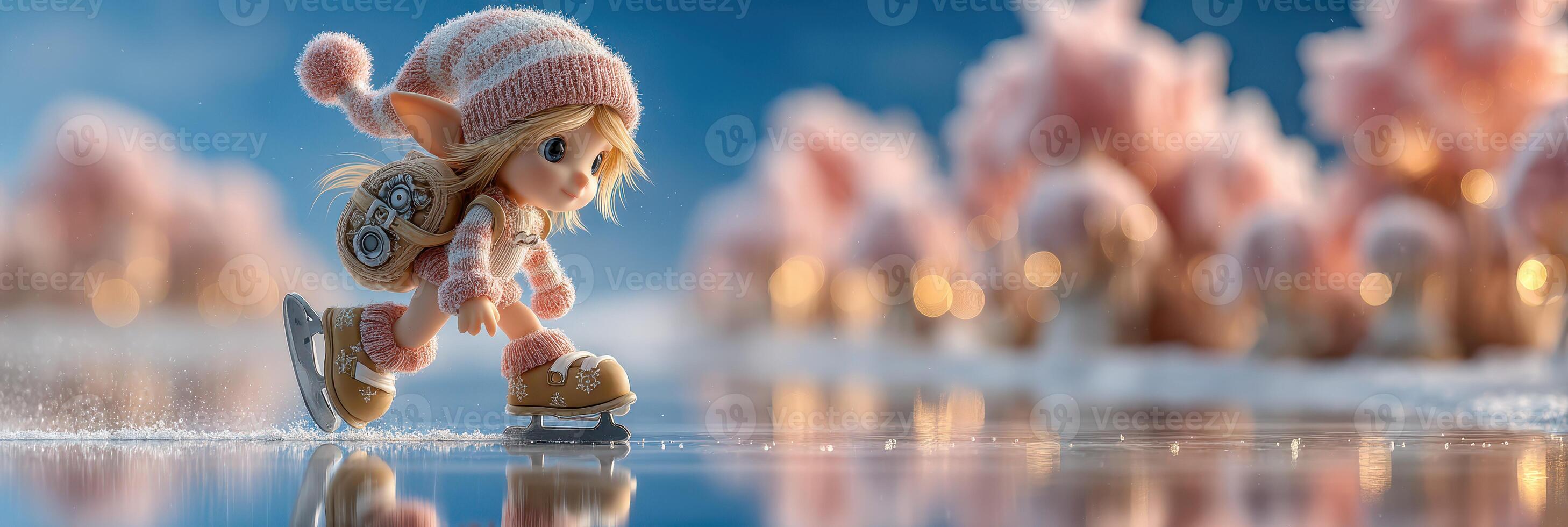 Cute doll skating on a frozen lake during winter with pink fluffy snowballs in the background at sunset photo