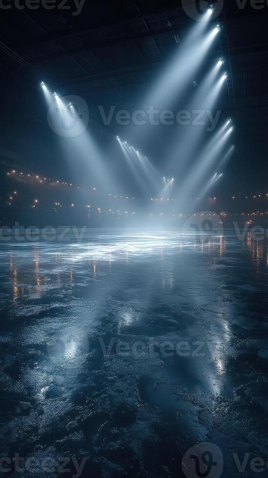 Twinkling ice rink illuminated by stage lights during nighttime event at indoor arena photo