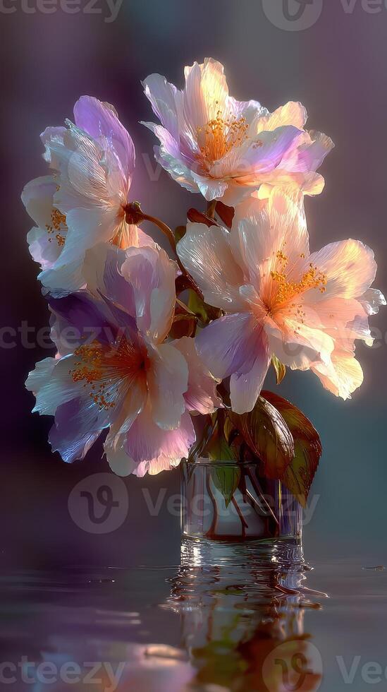 Beautiful bouquet of delicate flowers illuminated by soft light in a serene setting photo
