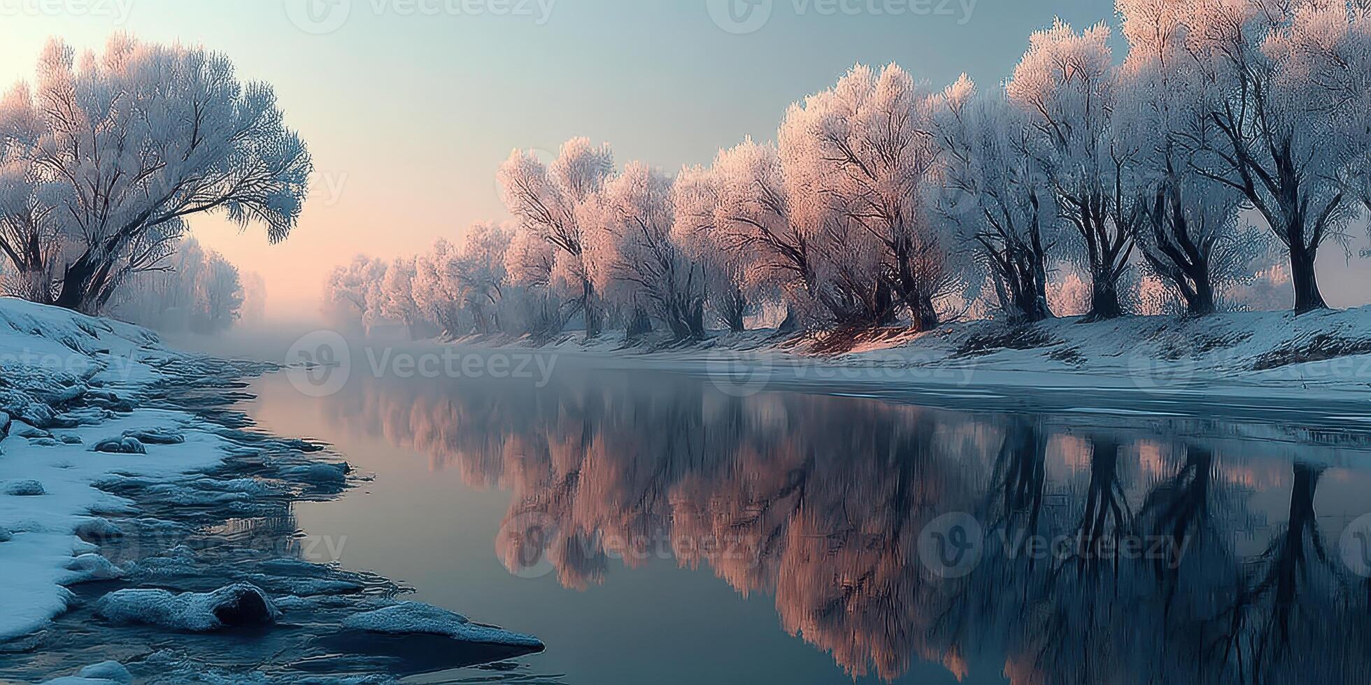 Snowy riverbank at dawn with frosted trees reflecting in calm water photo