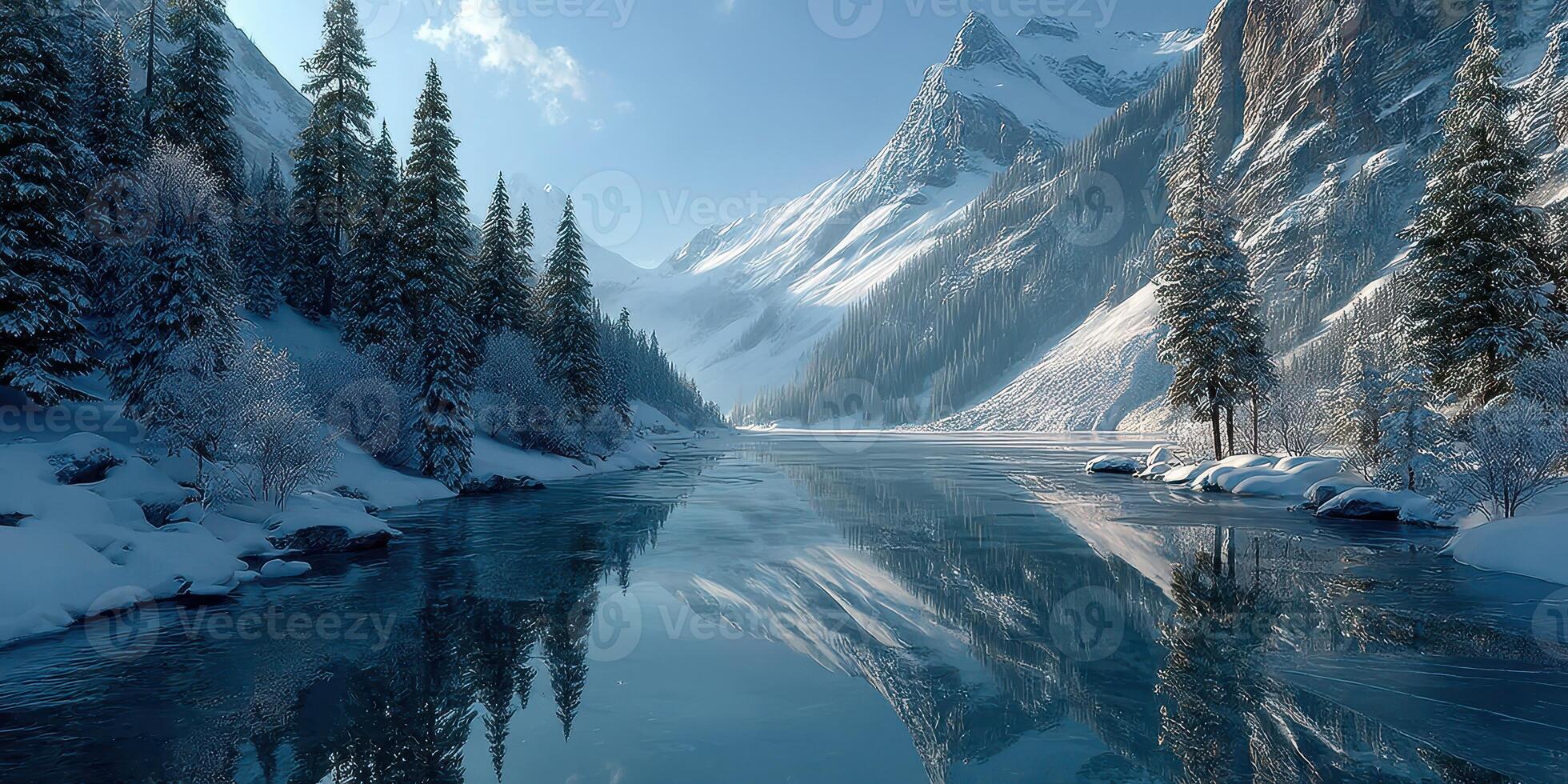 Winter landscape with snow-covered mountains and a serene lake reflecting trees during daylight photo