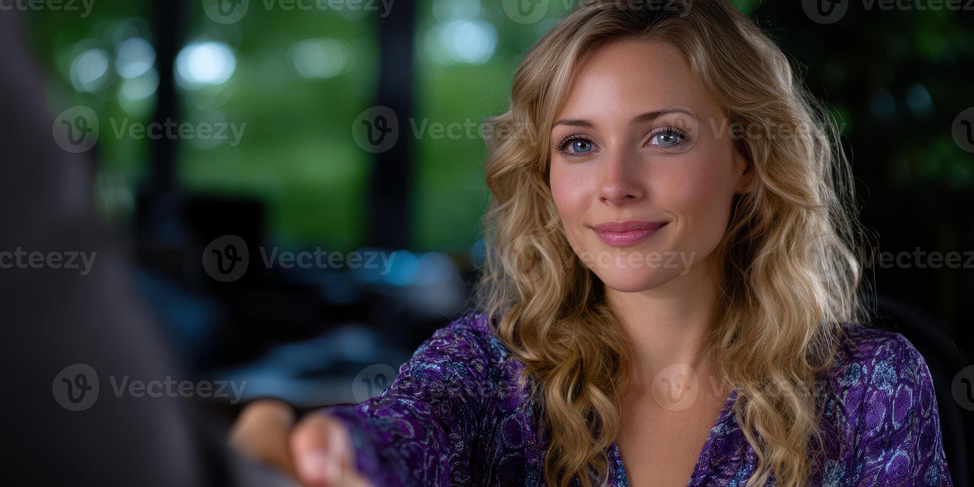 Woman smiling and extending hand during a friendly interaction in a lush green setting photo