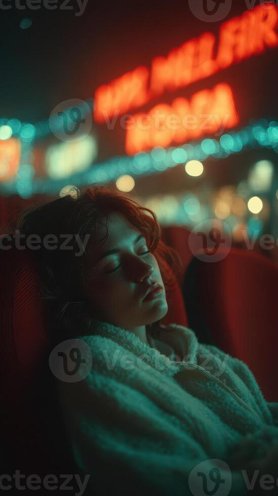 Young person resting in a cozy setting with urban lights illuminating the background at night photo