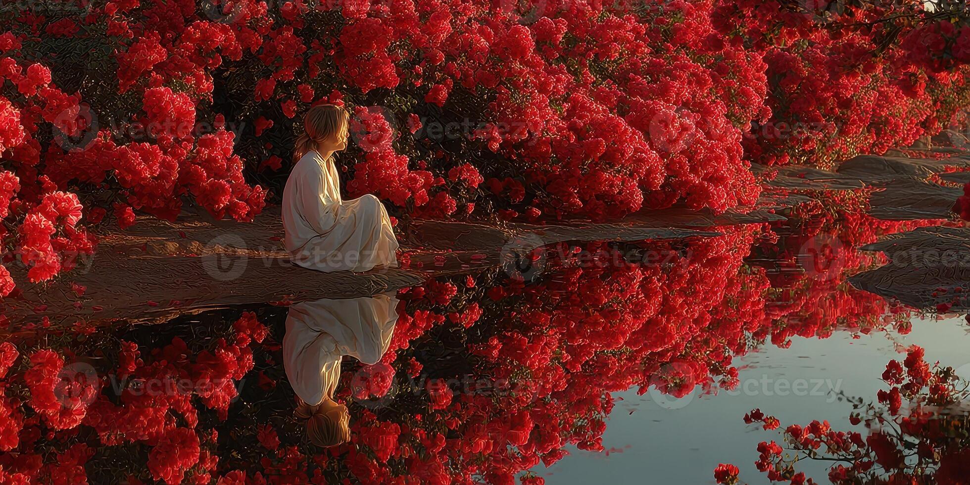 Serene moment by a lake surrounded by vibrant red flowers at sunset in a peaceful natural setting photo