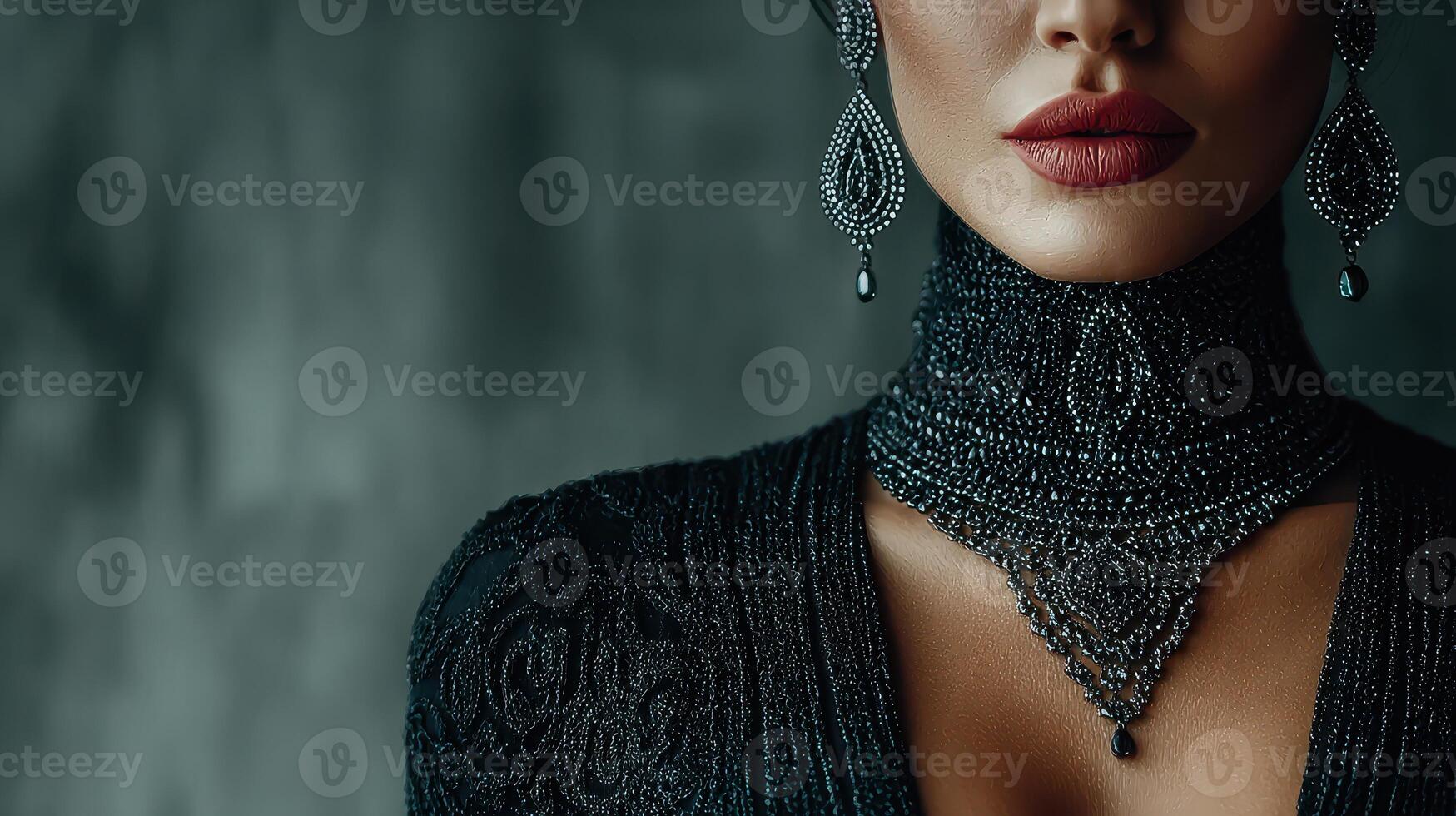 Elegant woman showcasing intricate jewelry details in a moody setting during evening event photo