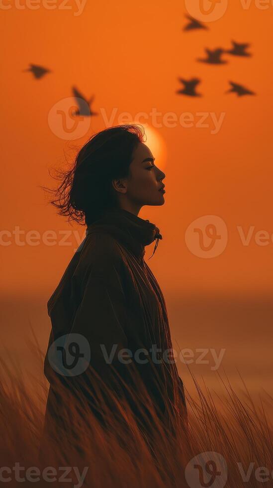 Woman enjoys a sunset by the beach with birds flying in the sky during golden hour near the ocean photo