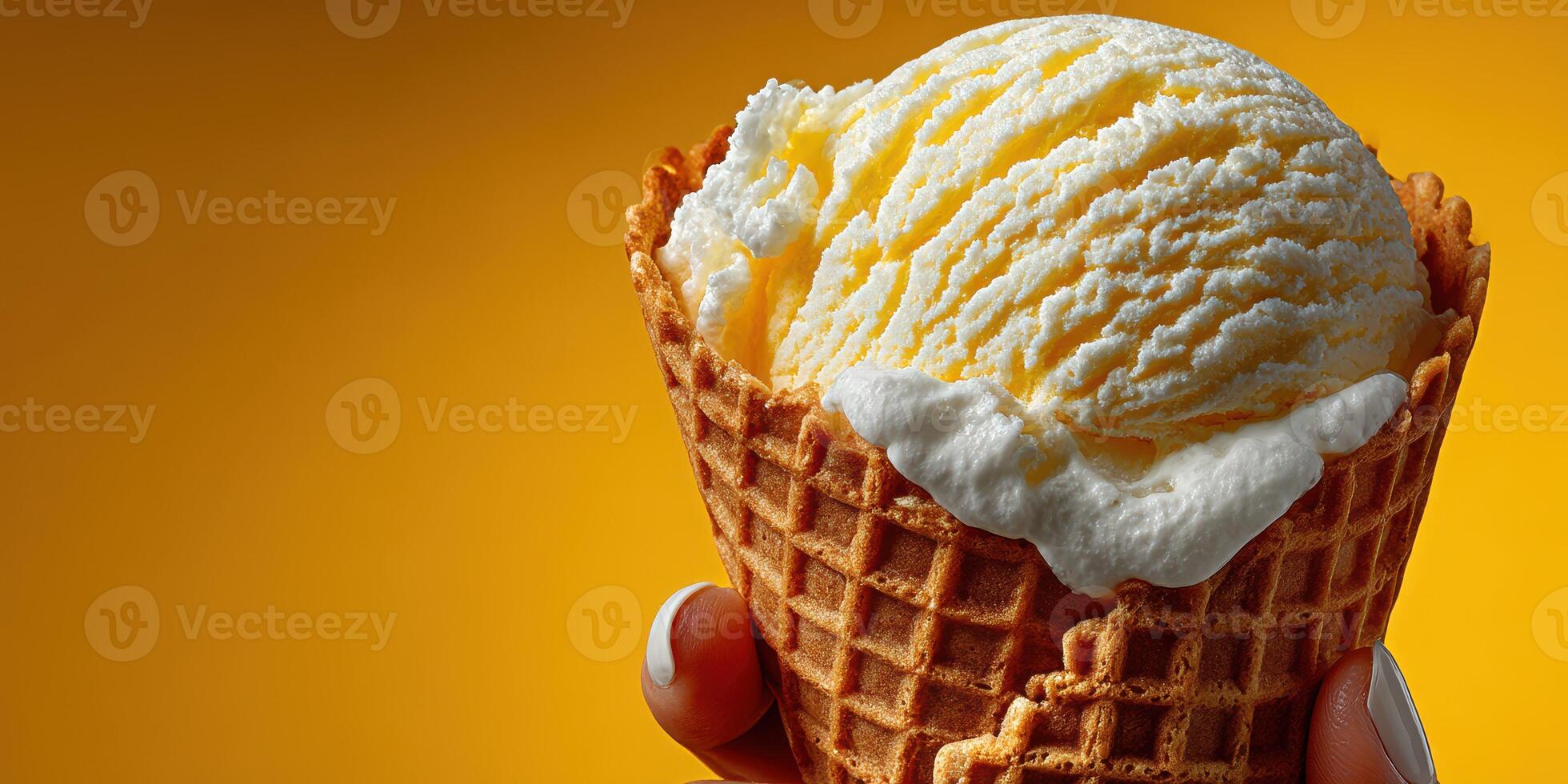 Enjoying a refreshing scoop of creamy vanilla ice cream in a waffle cone against a vibrant yellow background photo