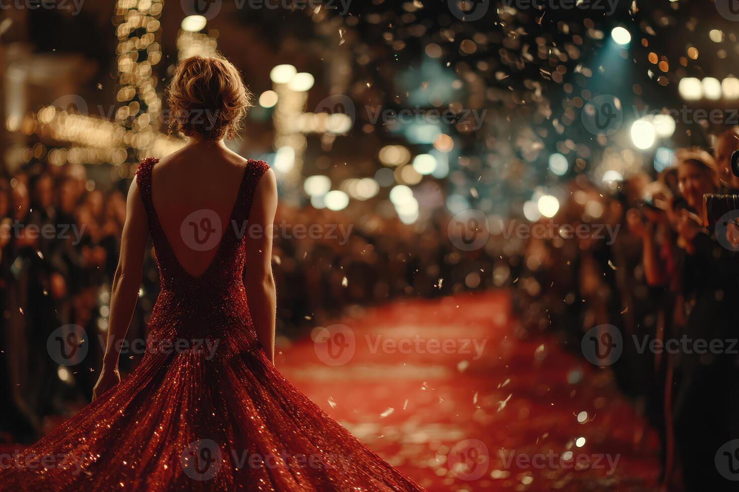 Elegant woman in a stunning red dress walks the red carpet amidst a glamorous event filled with lights and admiration from the crowd photo