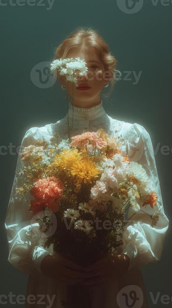 Woman holding a bouquet of colorful flowers in a soft light setting with a dreamy background in a serene pose photo