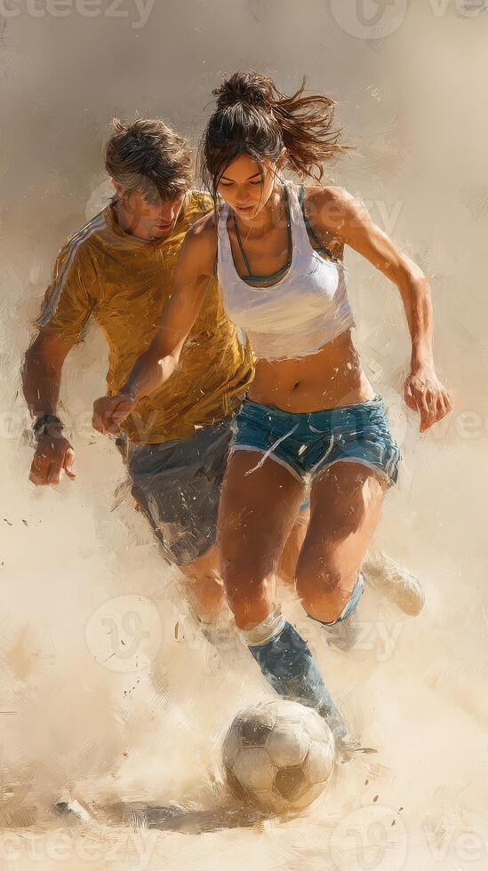 Exciting soccer match between two athletes in a sandy environment during a sunny day photo