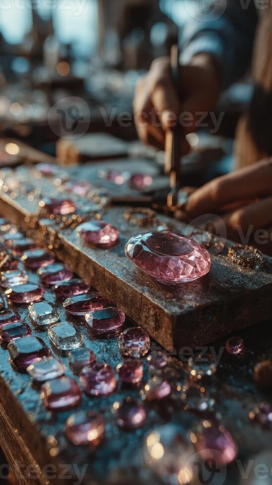 Crafting gemstones with precision in a bustling workshop filled with vibrant pink stones photo