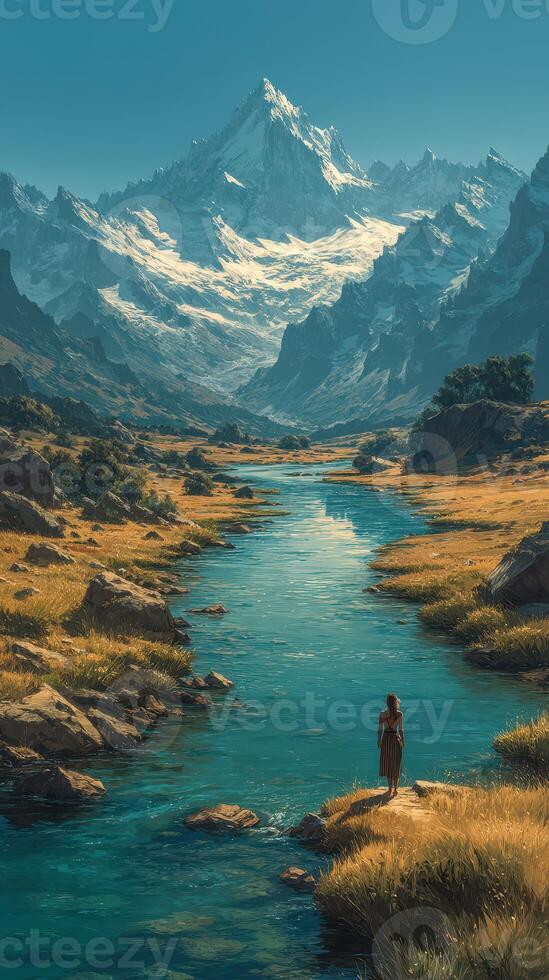 Majestic mountain landscape with a serene river and a hiker during early morning light photo