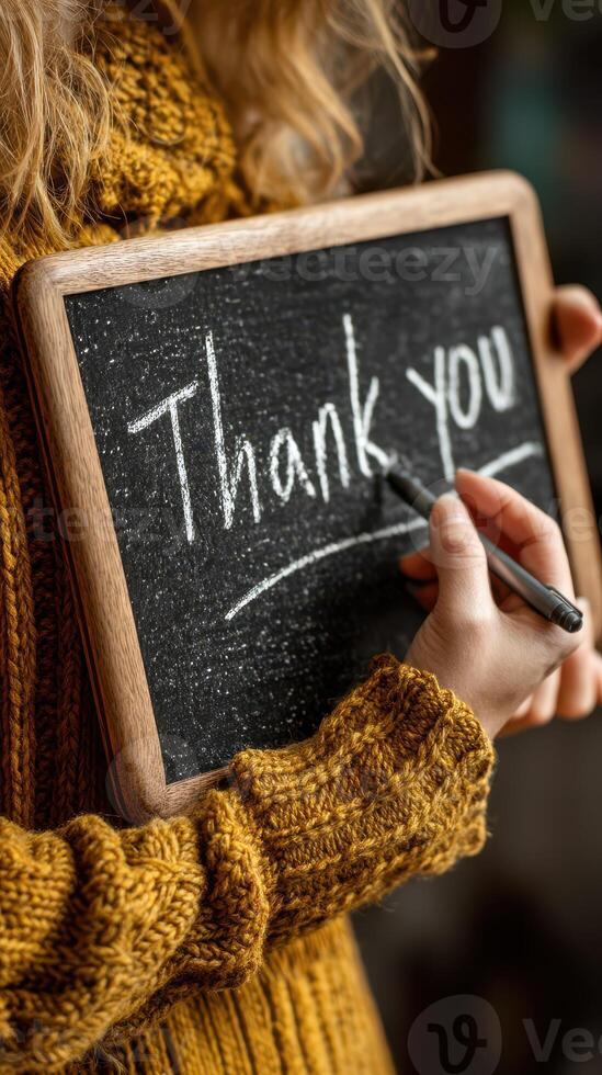 Message of gratitude written on a chalkboard held by a person in a cozy sweater indoors photo