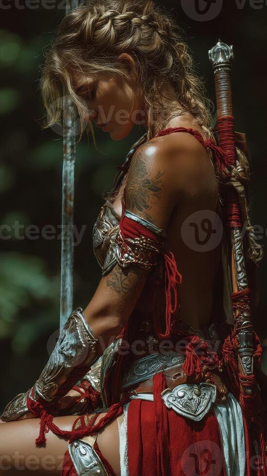 Warrior woman prepares for battle in a lush forest setting at twilight photo