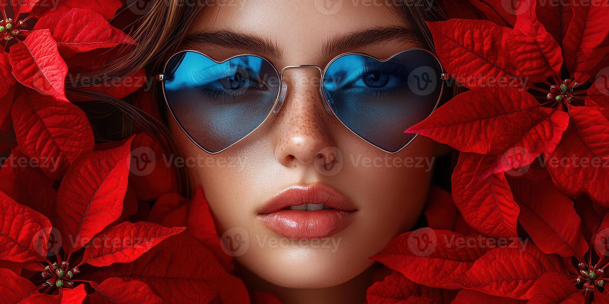 Beautiful woman with heart-shaped sunglasses among vibrant red flowers, highlighting springtime fashion in a colorful setting photo
