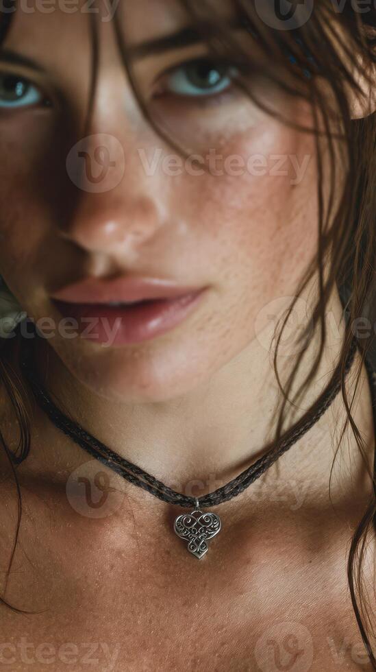 Close-up portrait of a woman with striking features and intricate jewelry in natural light photo