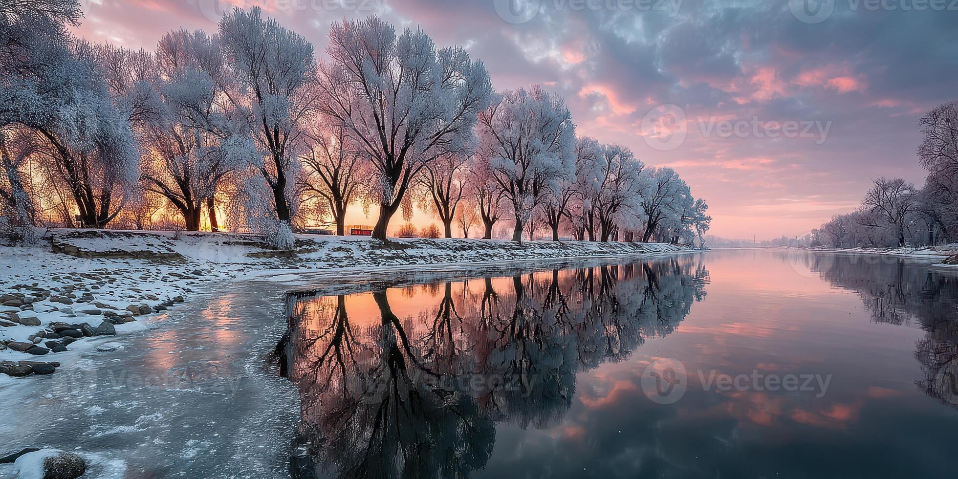 Winter sunrise over a frozen river reflecting trees and pastel skies in a serene landscape photo
