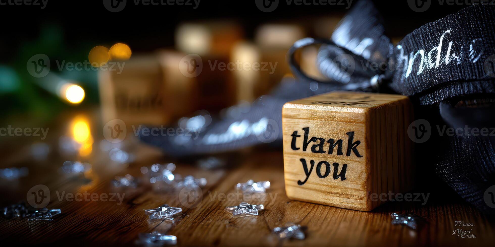 Decorative wooden blocks with thank you message surrounded by ribbon and sparkles create a warm atmosphere for appreciation photo