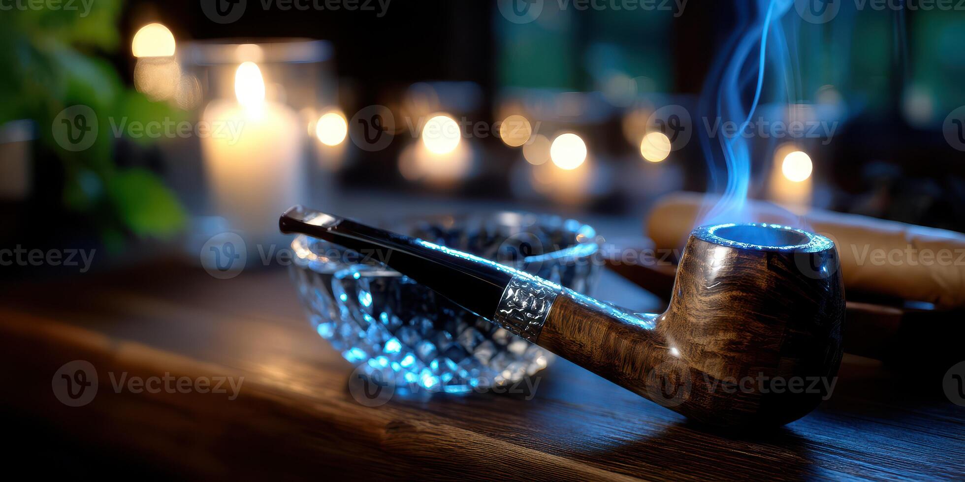 Relaxing evening with a wooden pipe and cigars next to glowing candles in a cozy setting photo