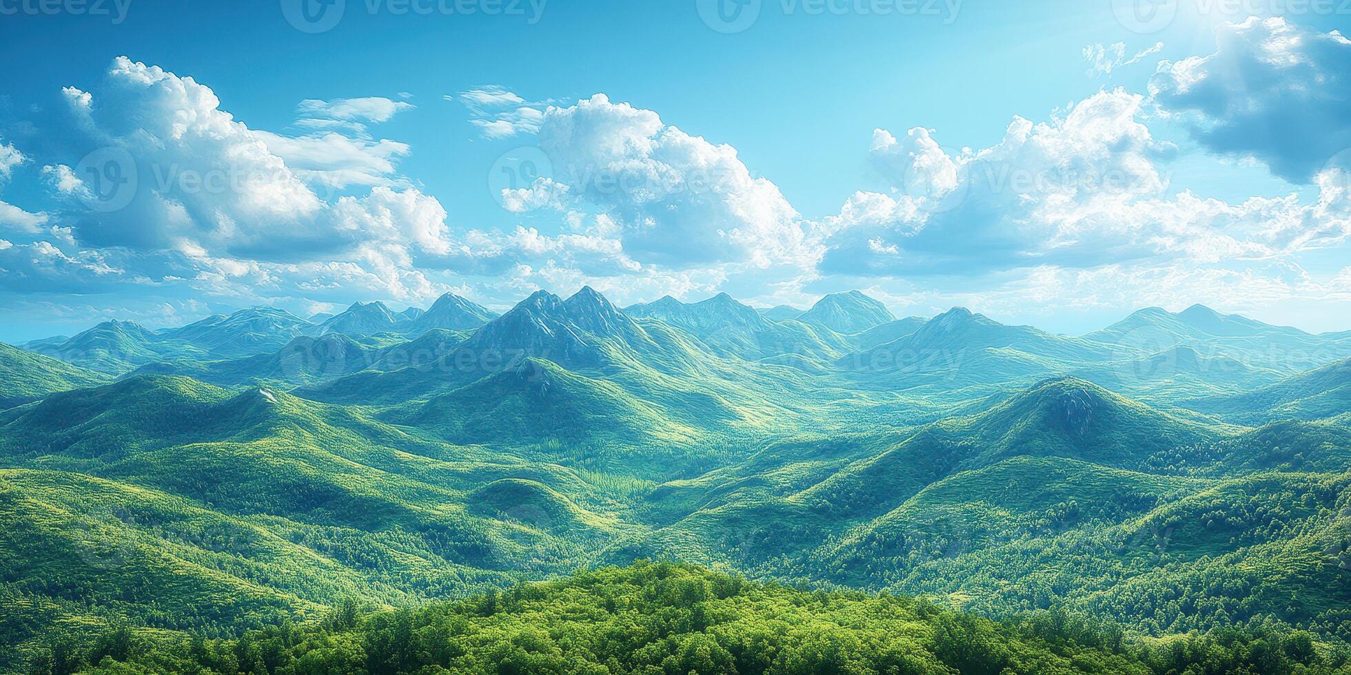 Lush green mountains under a clear blue sky with scattered clouds in a serene natural landscape photo