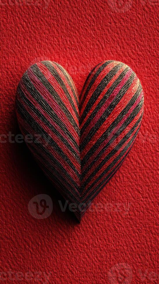 Heart-shaped decorative object with red and black stripes placed on textured red background photo
