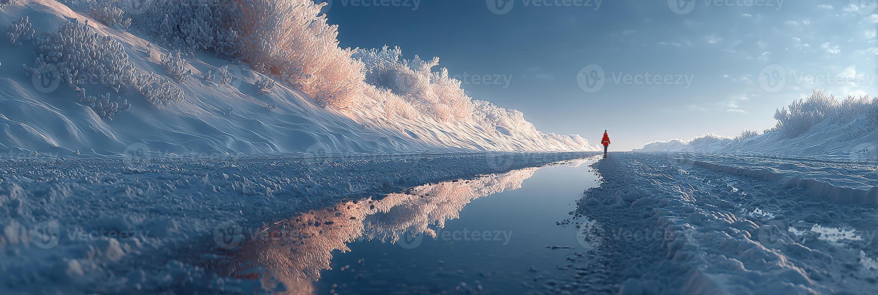 Vibrant winter landscape with person walking along reflective road surrounded by frosty trees during a clear, bright day photo
