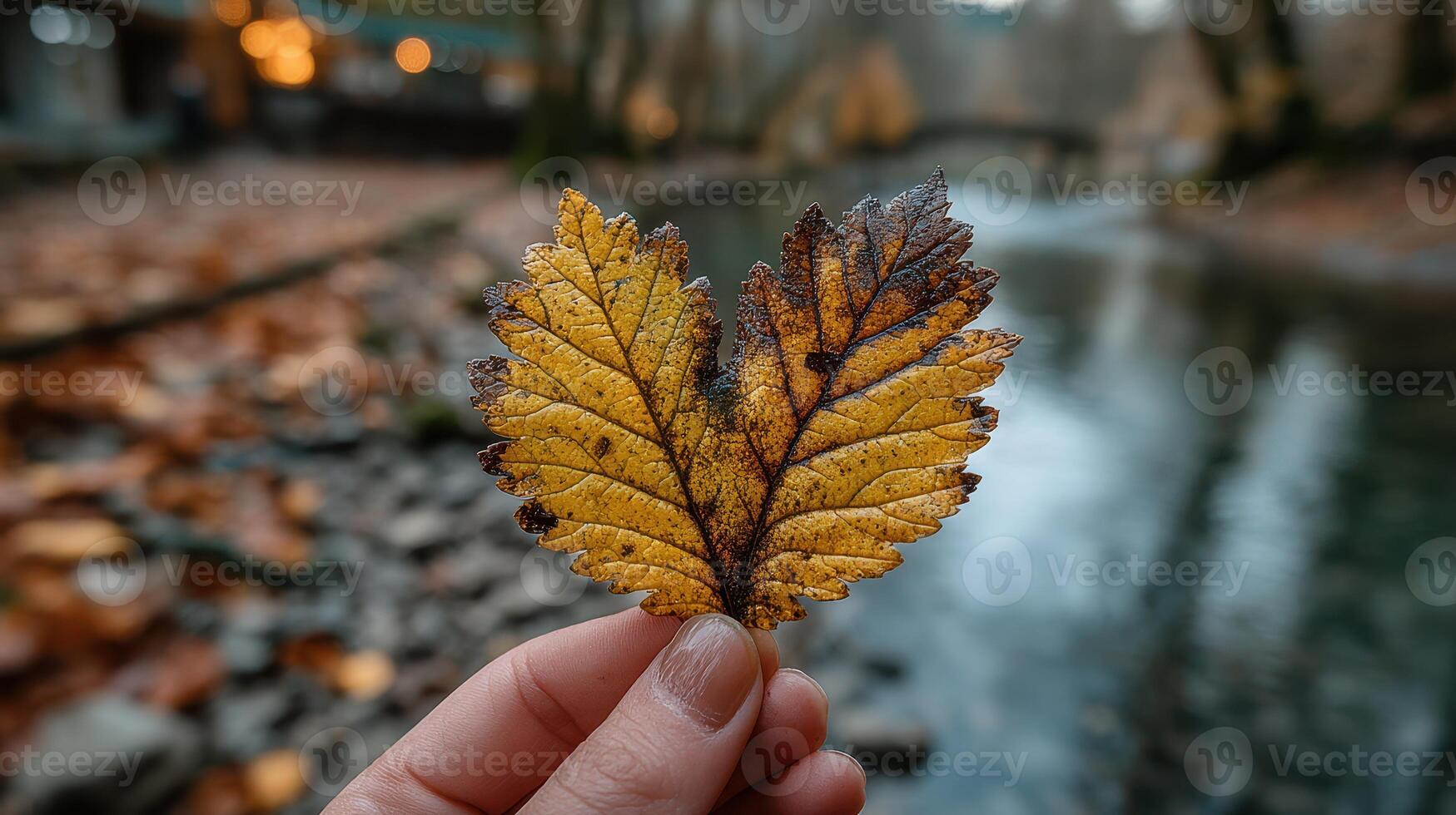 Beautiful heart-shaped yellow leaf held above a serene stream during autumn in a forest setting photo