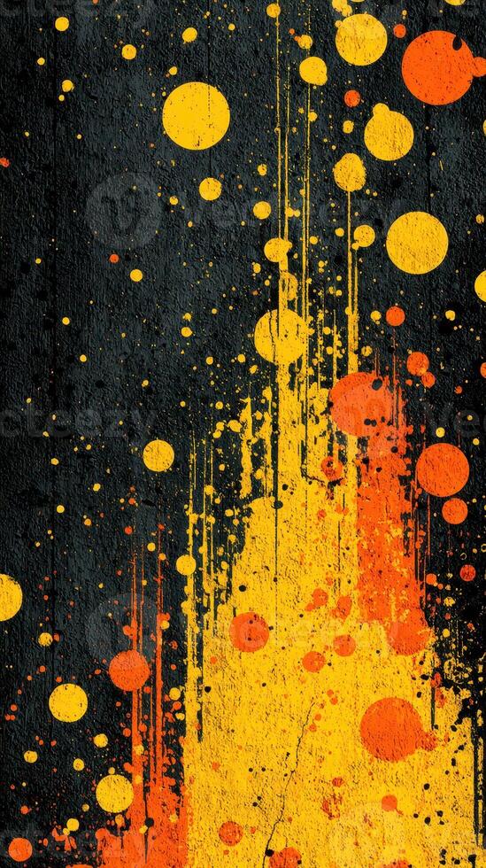 Vibrant abstract art with splashes of orange, yellow, and black on textured background creating dynamic visual energy photo