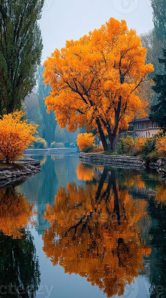Bright autumn foliage reflected in calm waters near a serene pathway in a tranquil park setting photo