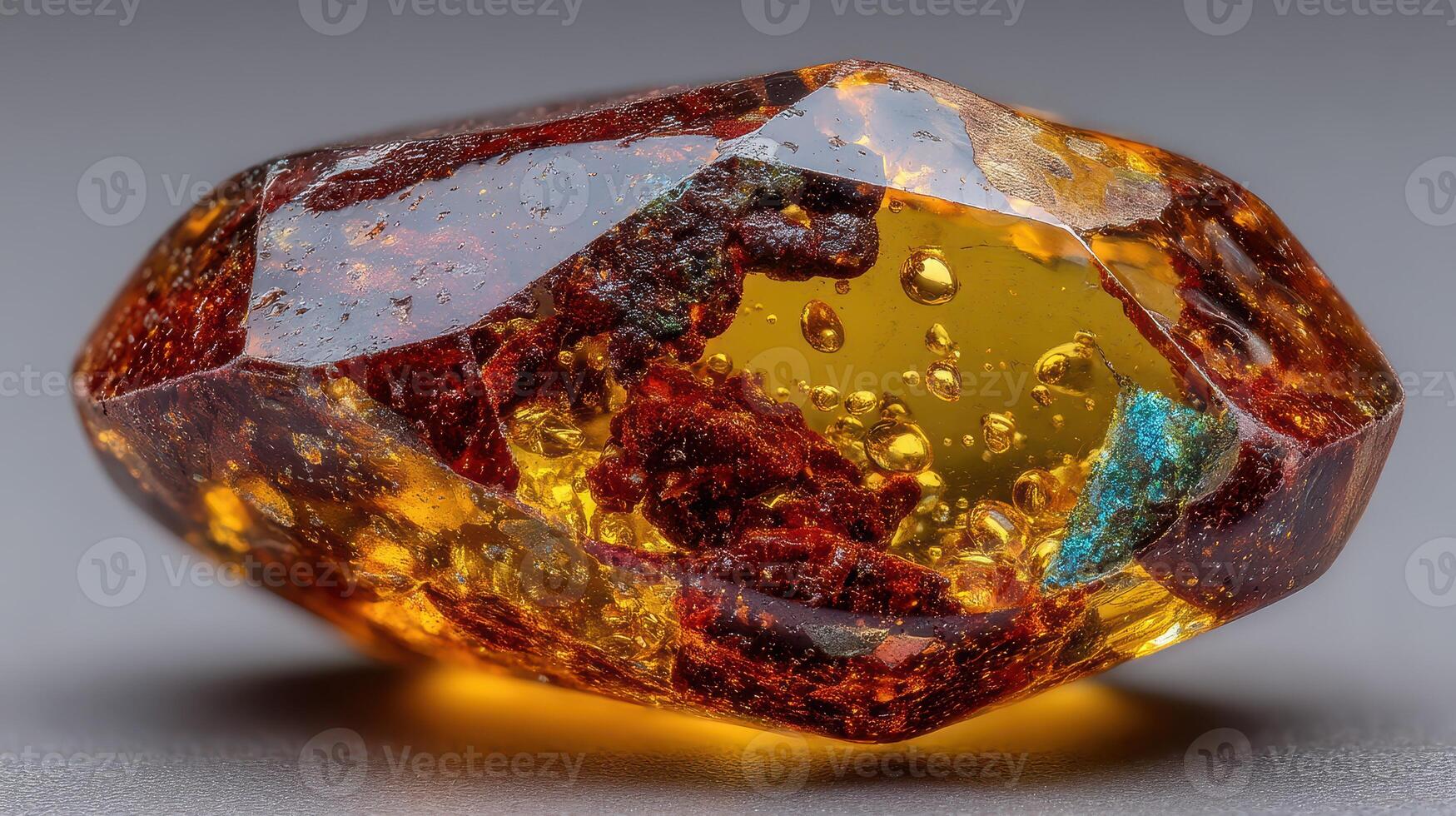 Sparkling amber gemstone showcasing inclusions and bubbles captured in fine detail under soft lighting photo
