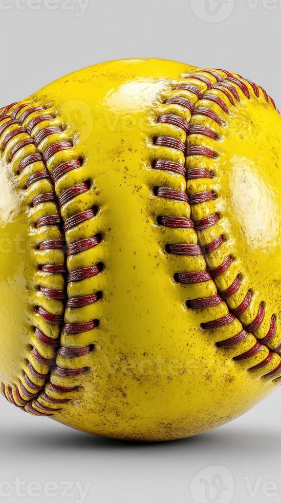 Bright yellow softball showcasing its textured surface and detailed stitching in a neutral background setting photo