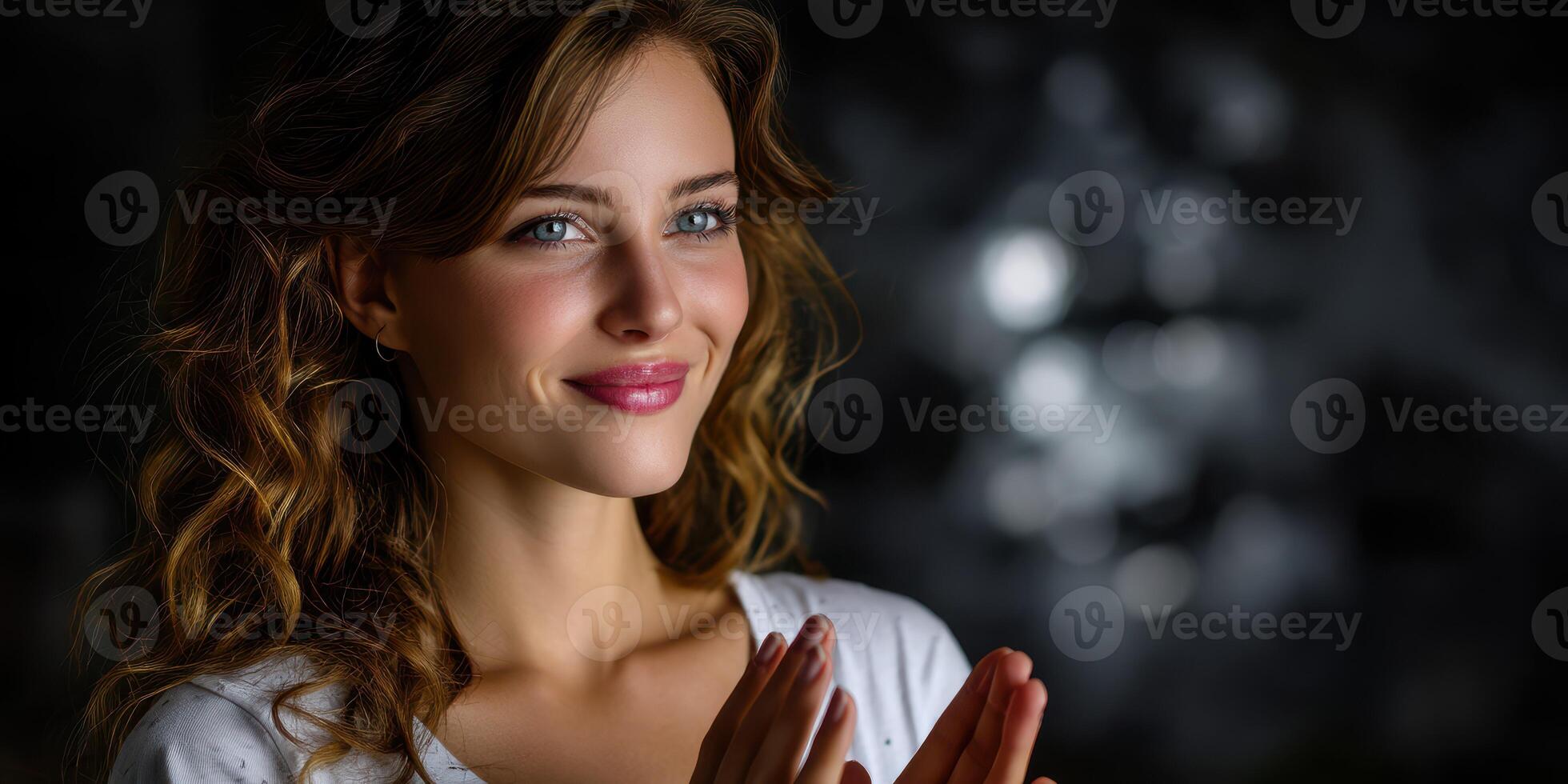 Smiling woman with curly hair clapping in a dimly lit room during a celebratory moment photo