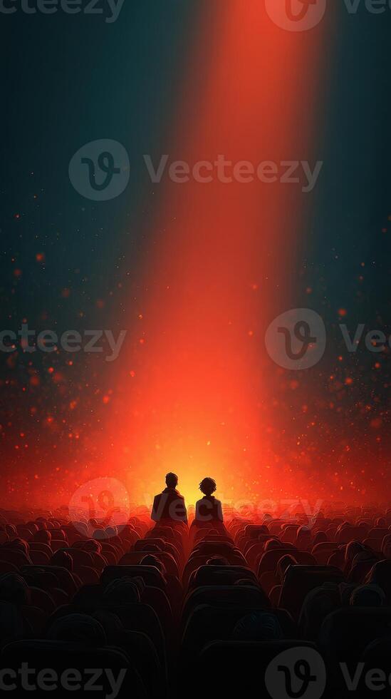 Two figures seated together in front of a glowing light during an evening gathering in a crowded venue photo