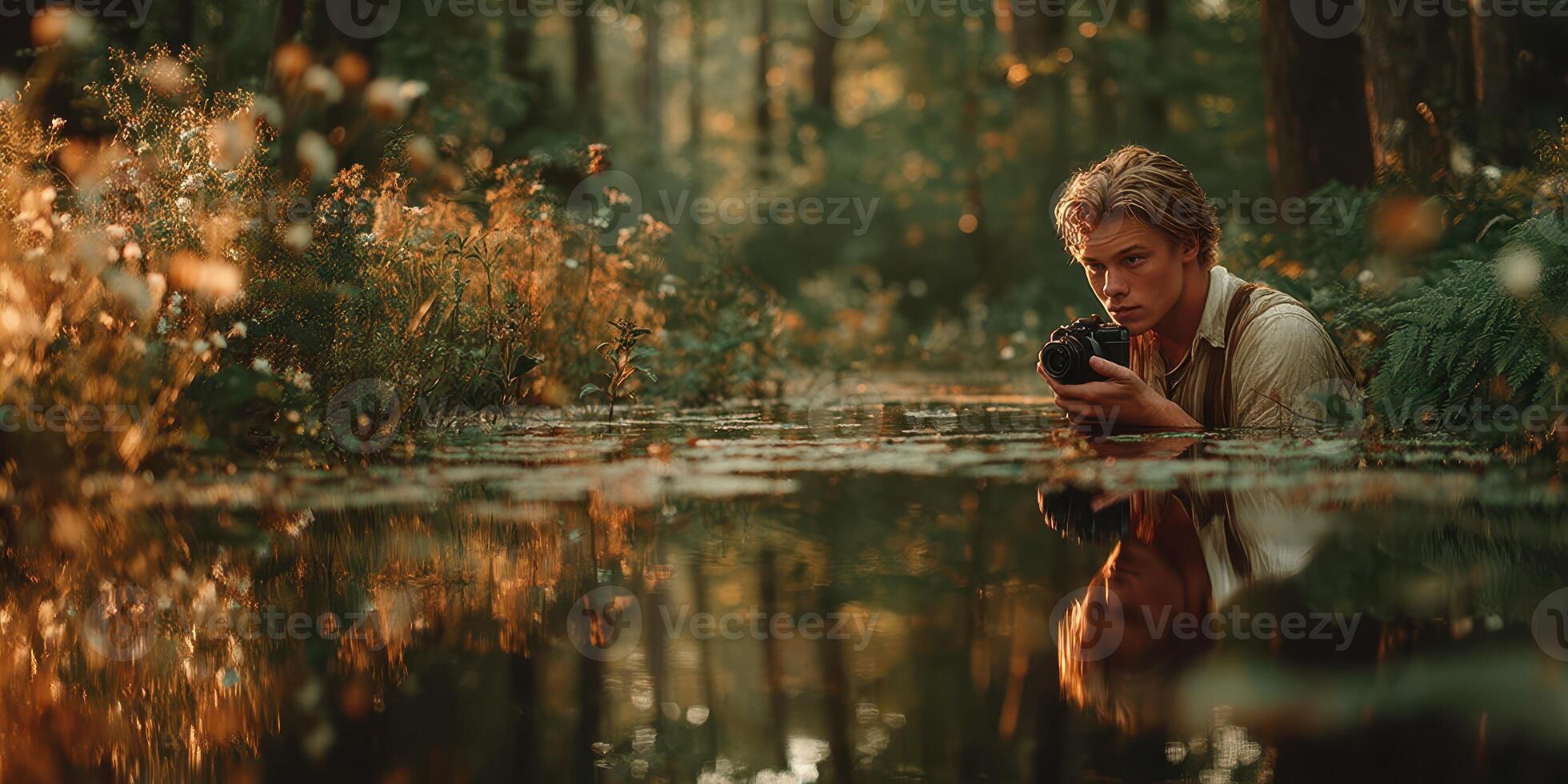 Young man capturing nature's beauty in a serene forest during golden hour with reflections in still water photo