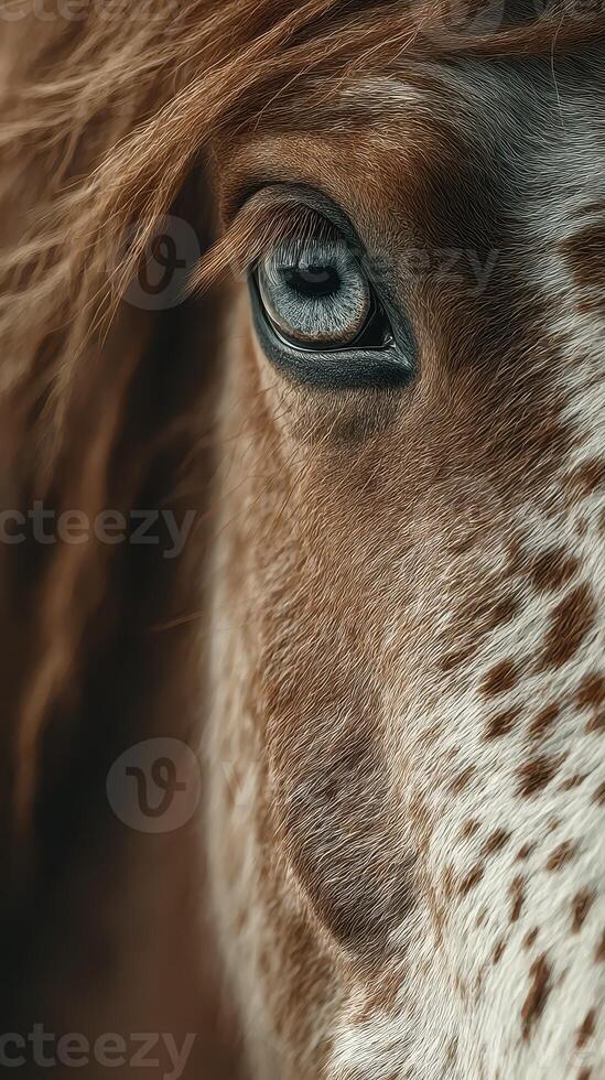 Close-up of a horse's eye showcasing detail and expression in a natural setting during daylight photo