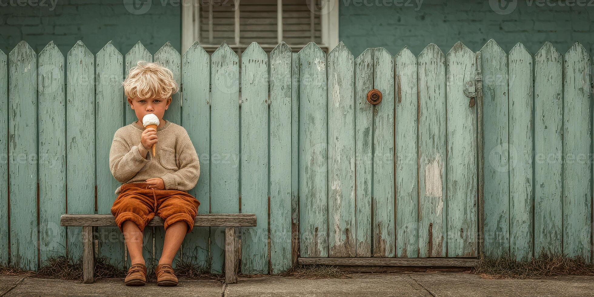 Child enjoys ice cream while sitting on wooden bench in front of pastel colored fence on a sunny day photo