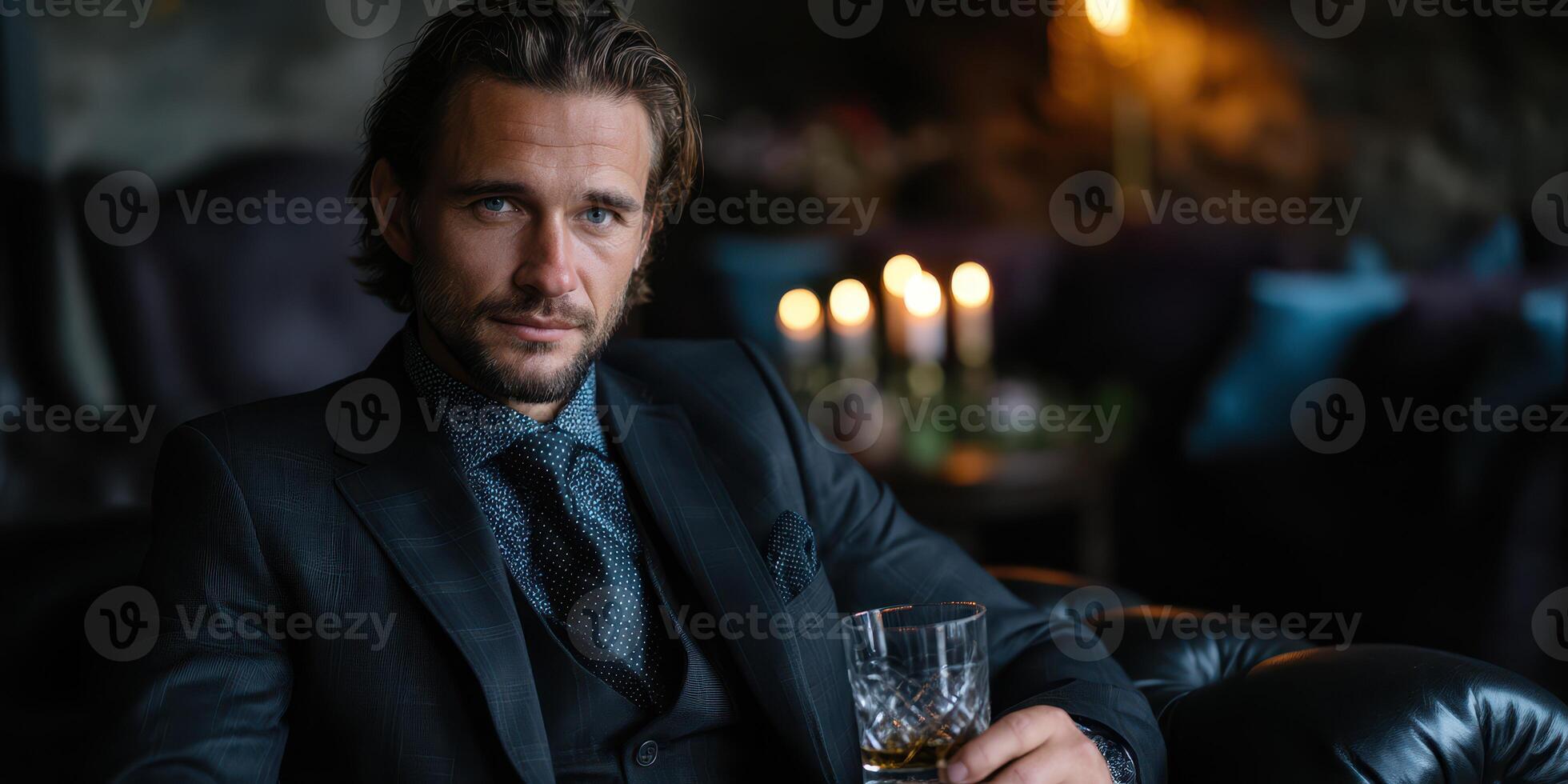 Elegant man enjoying a drink in a dimly lit lounge with candles and luxurious decor during a sophisticated evening photo