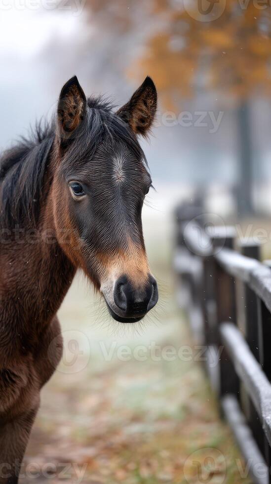 Young horse standing near wooden fence in autumn landscape during a foggy morning photo
