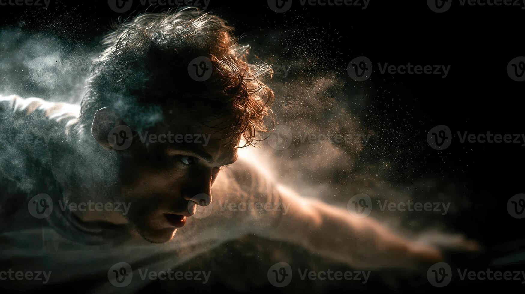 Man in motion creating dynamic silhouette with dust particles at night photo